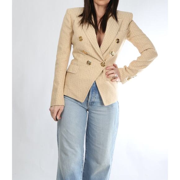 Balmain Beige Logo Jacquard Cotton Twill Double Breasted Blazer Jacket Size 40 - Picture 2 of 16